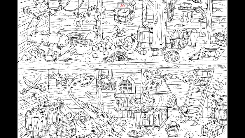 A black and white image of an inside of a ship filled with pirate cats in 100 Hidden Cats: Pirates.