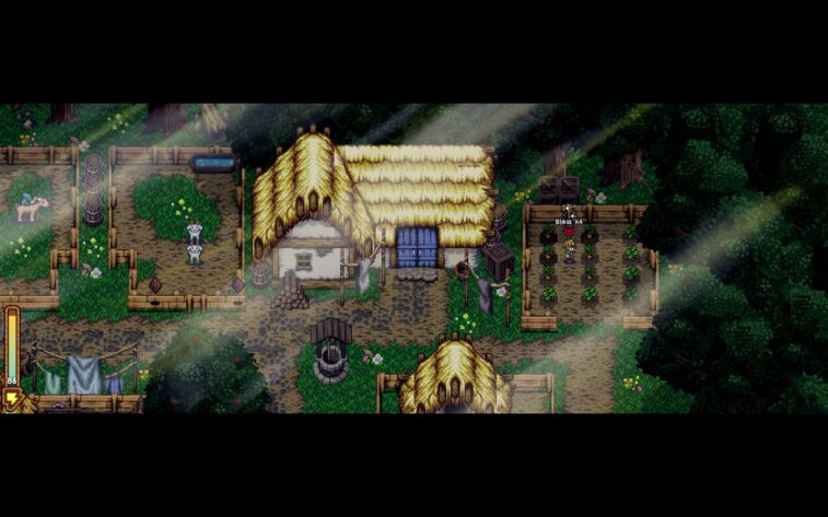 A boy and girl stand in a field of growing vegetables, amid a farm scene with slanting sunbeams. Sheep and goat are visible in their pens nearby. A well and laundry hanging on a line add detail to the scene, and trees provide a border to the area.