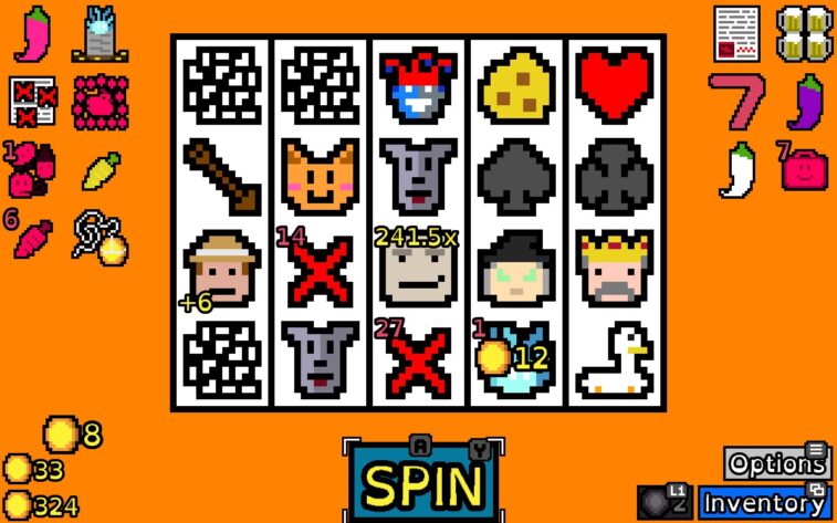 Center of screen is dominated by a grid of assorted symbols, such as card suits, cheese, and dogs. Other symbols are to the left and right of the main grid, including various colors of chili peppers, and a coin on a string. UI provides access to options, inventory, the spin action, and a display of coins.