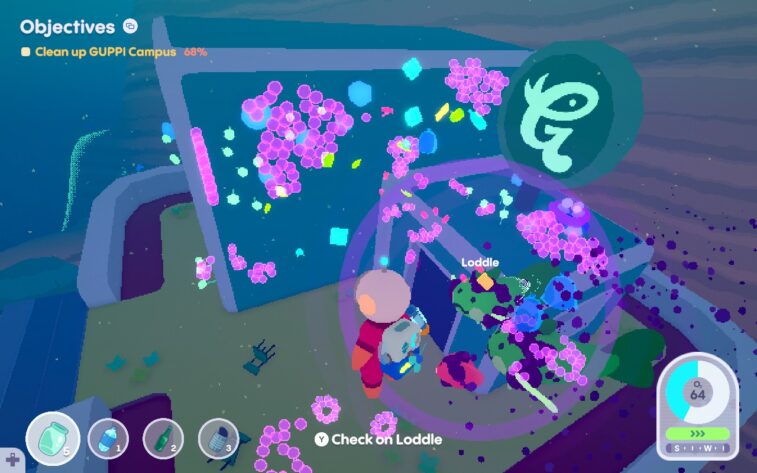 A diver, all suited up, swims toward an abandoned building full of trash. A creature called a Loddle accompanies them. UI around the corners provide information on status and inventory, and many glowing icons in the building show where there is trash to be cleaned.