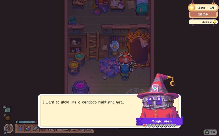 An alchemist character stands in a small cabin with a man who seems to be made of card talismans and dressed as a wizard. There's clutter, a goldfish in a bowl, and a shattered mirror with just a few pieces in place. A dialogue box shows the "Magic Man" saying "I want to glow like a dentist's nightlight, yes..."