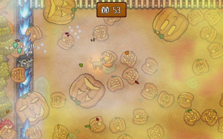 UI showing a timer counts the seconds the protagonist stays in the mini game. Jack-o-lanterns of various sizes and styles roll in from the right, pushing cats to the left.