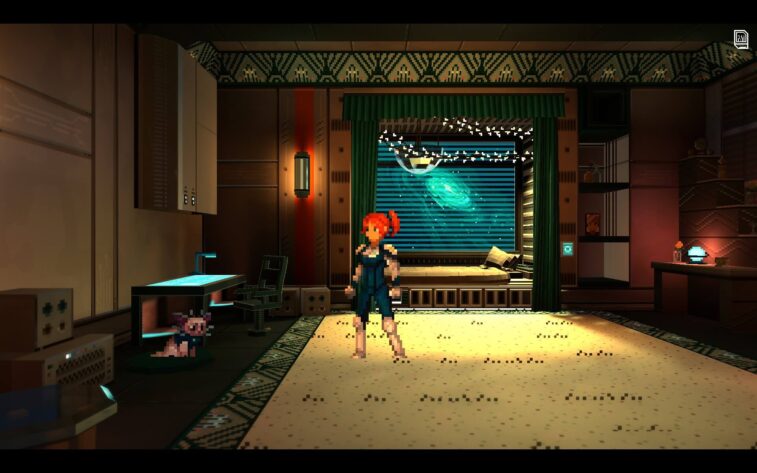 Best Games of 2024 A red headed woman, Stella, in her bunk on board of the Zephyr, in front of a window showing space outside.