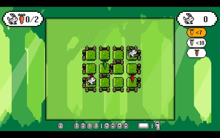 a green field with squares and two rabbits