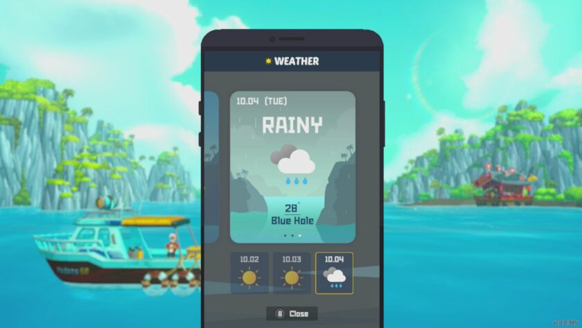 Dave the Diver's phone showing the weather report.
