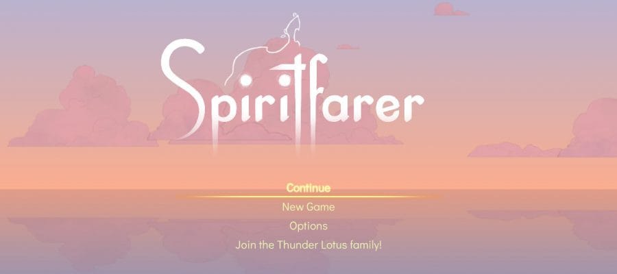 Promotional artwork for Spiritfarer, the title on a sunset sky over the sea. Published on: LadiesGamers