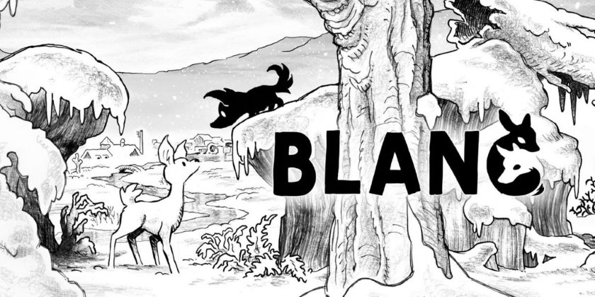 Best Games of 2023 Title image for Blanc with the wolf cub looking down at the fawn in a wintry scene.