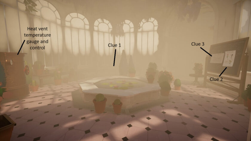 In the conservatory with heat vent temperature gauge and control on the left. The location of all three clues are marked. Part of the Botany Manor Guide at LadiesGamers dot com.