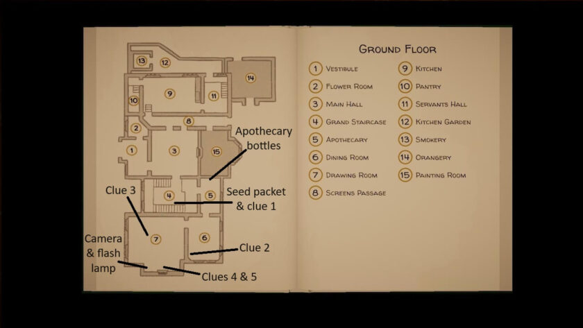 Map of the ground floor of Botany Manor, showing the location of all five clues. As well as the seed packet, apothecary bottles, camera and flash lamp. Part of the Botany Manor Guide at LadiesGamers dot com.
