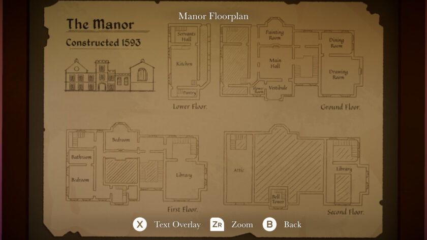 Schematic of the manor's four floors, with “constructed 1593” at the top.