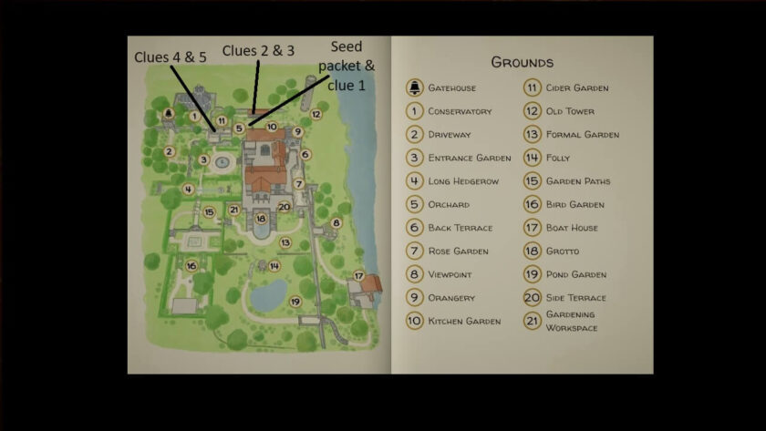 Map of the grounds, showing the location of all five clues. Also marked is the seed packet. Part of the Botany Manor Guide at LadiesGamers dot com.
