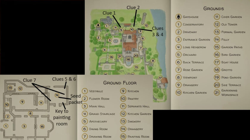 Map of the ground floor of Botany Manor and grounds, showing the location of all seven clues. Also marked is the seed packet and key to painting room. Part of the Botany Manor Guide at LadiesGamers dot com.