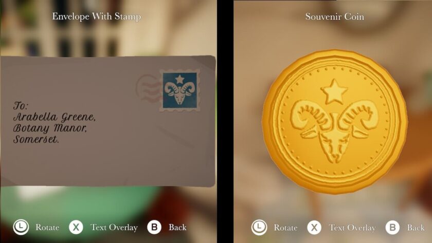 Photomontage of the envelope with the goat's head and star stamp, and coin with a similar motif. Part of the Botany Manor Guide at LadiesGamers dot com.