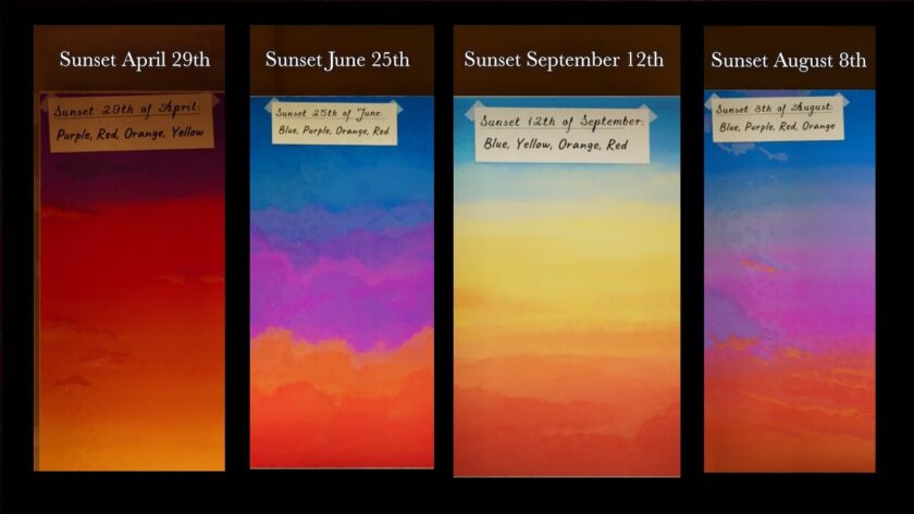 Photomontage of the last four sunset paintings. Part of the Botany Manor Guide at LadiesGamers dot com.