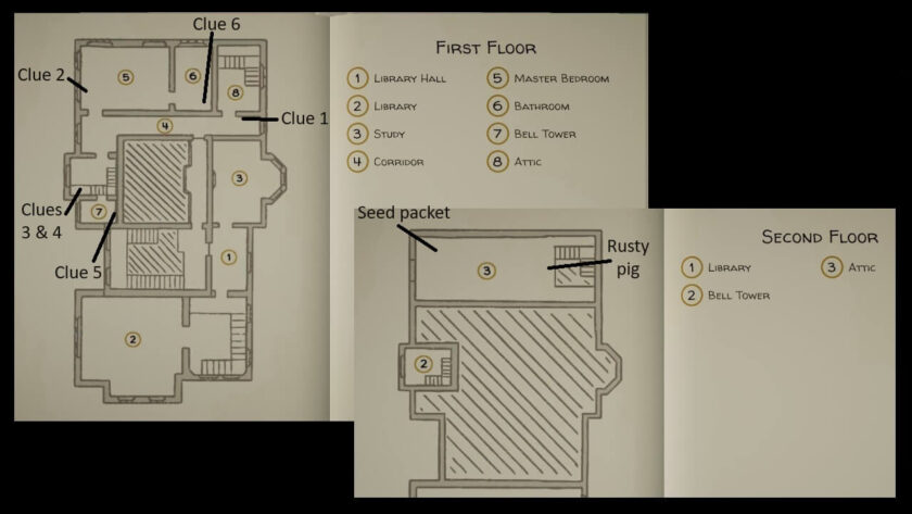 Map of the first and second floors of Botany Manor, showing the location of all six clues. Also marked is seed packet and rusty pig. Part of the Botany Manor Guide at LadiesGamers dot com.