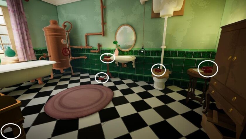 In the bathroom with the missing bath geyser pieces circled. Part of the Botany Manor Guide at LadiesGamers dot com.