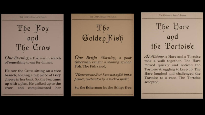 Photomontage of the opening pages of the three fables. Part of the Botany Manor Guide at LadiesGamers dot com.