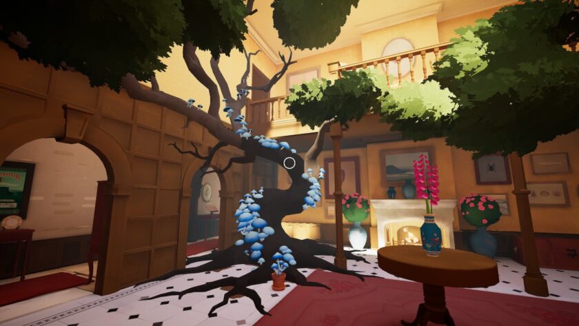 Standing in the main hall, with the sapphire gloom plant having grow over the diseased tree.