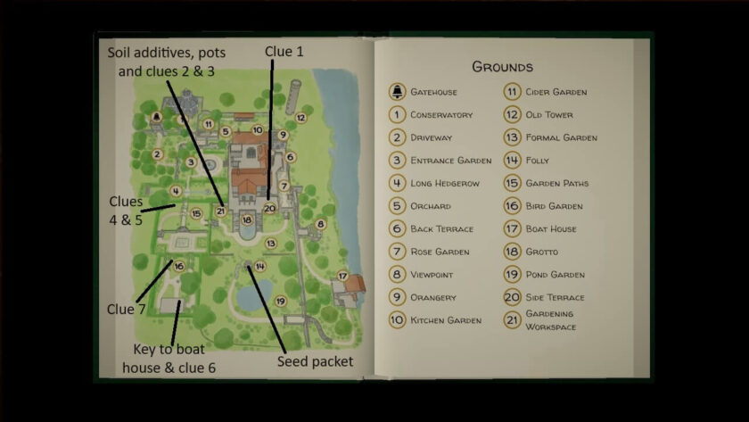 Map of the grounds, showing the location of all seven clues. Also shown is the seed packet, boat house key, soil additives and pots. Part of the Botany Manor Guide at LadiesGamers dot com.