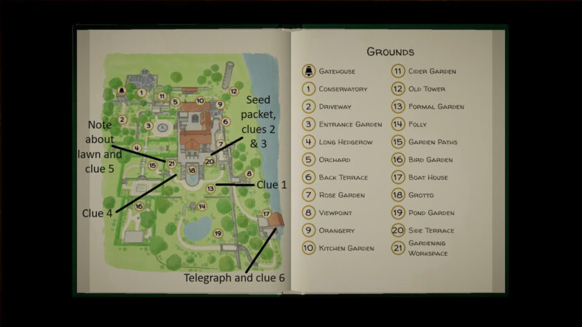 Map of the grounds, showing the location of all six clues. Also shown is the seed packet, note about lawn and telegraph. Part of the Botany Manor Guide at LadiesGamers dot com.