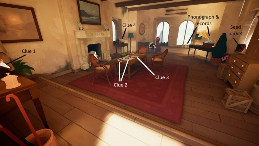 Standing at the door of the boathouse, the location of the four clues are marked. Also marked is the seed packet, phonograph and records. Part of the Botany Manor Guide at LadiesGamers dot com.