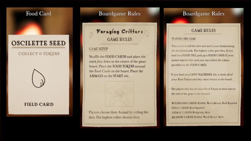 Photomontage of the food card and boardgame rules. Part of the Botany Manor Guide at LadiesGamers dot com.