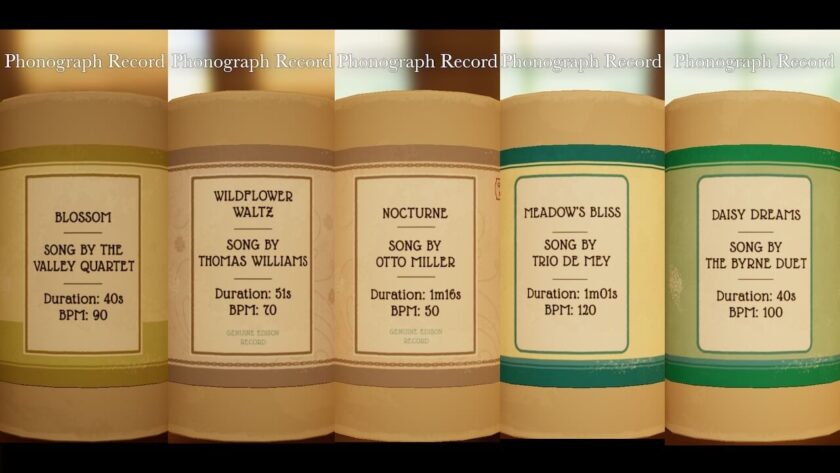 Photomontage of the 5 phonograph records, showing the duration and beats per minute for each tune. Part of the Botany Manor Guide at LadiesGamers dot com.