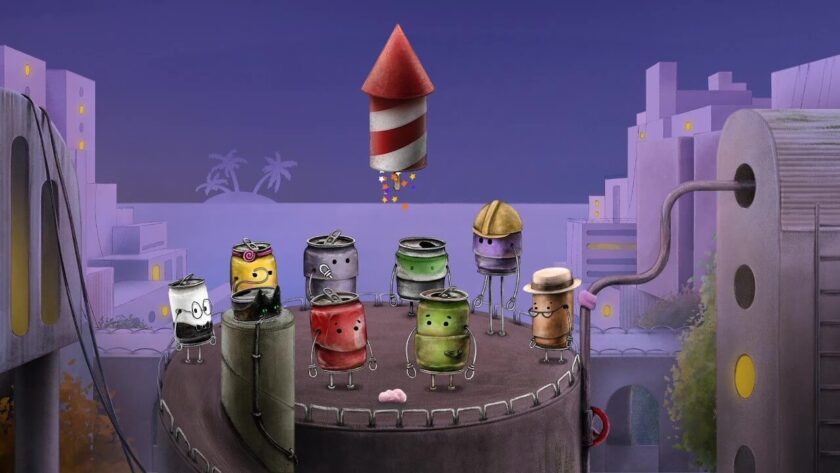 Red Can and Green Can standing on the rooftop, with various cans from their adventure. The firework lifting off and will shower them in colour. Published on: LadiesGamers