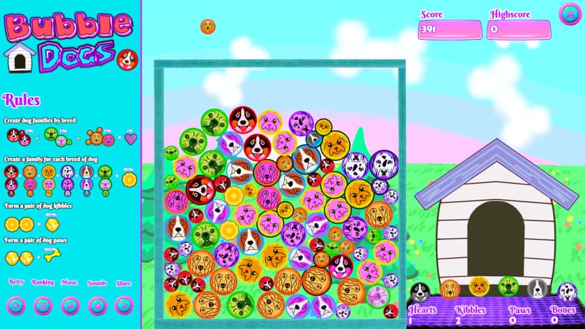 Bubble Dogs A screen is nearly filled with dog faces in bubbles.