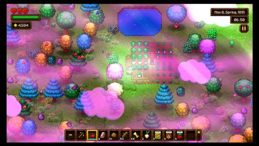 Various vegetables growing in a hoed area. There is a pink and purple tint to the land, giving the impression of sunrise. Published on LadiesGamers