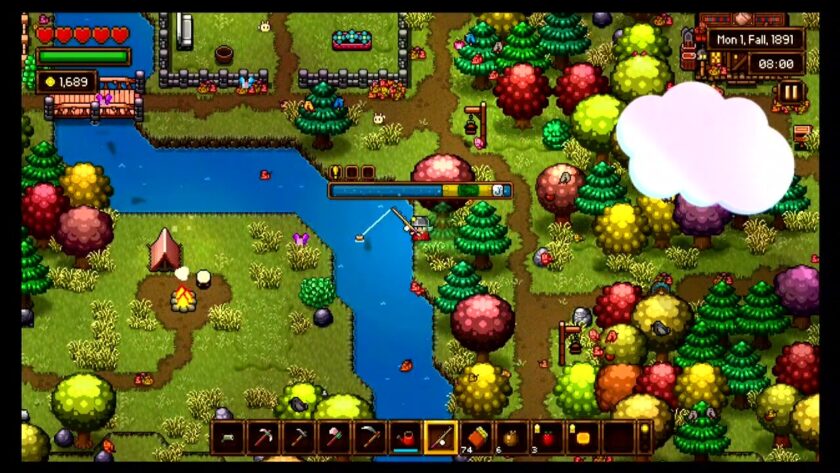 My character standing at the side of the river, with a fishing rod. There is a bar with green and yellow areas and a white bobber. Published on LadiesGamers