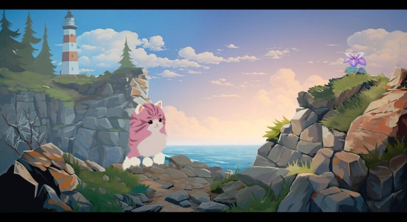 Puzzle screen featuring a chasm and a cute pink cloudy cat