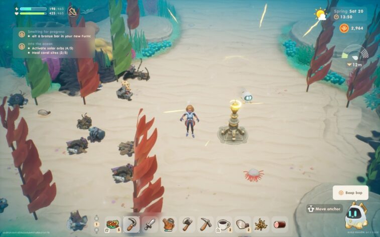 The image shows an underwater scene from Coral Island, where the player character is exploring the ocean floor. The character is wearing a diving suit and surrounded by vibrant marine life, including colorful corals, red and green seaweed, and scattered debris. In the center, a glowing solar orb device is placed on the sandy seabed, which appears to be part of the task to activate solar orbs and heal coral sites. The interface displays objectives related to ocean conservation, highlighting the game's environmental themes. The serene underwater setting emphasizes the exploration and restoration aspects of the gameplay. Published on: LadiesGamers.