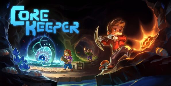 An adventurous scene from Core Keeper, featuring pixelated characters exploring a mysterious underground cavern. In the foreground, a character wields a pickaxe, uncovering glowing treasures embedded in the rock. Behind them, another character examines a map near an illuminated core structure, while a third character scouts deeper into the cave holding a torch. The glowing blue and orange hues highlight the magical atmosphere, with crystals and mushrooms adding to the subterranean setting. The game’s title "Core Keeper" glows brightly in the upper left corner. Published on: LadiesGamers.