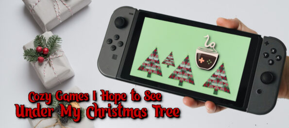 A Switch has Christmas trees and the LG logo and is being held near Christmas Presents.