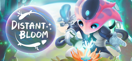 "Promotional artwork for Distant Bloom featuring a central character with pink skin, a large, friendly eye, and wearing a futuristic suit. They are interacting with a glowing, exotic flower, with elements of mystical energy swirling around. In the background, shadowy figures and bioluminescent plants add a sense of mystery and adventure. The game's logo floats prominently at the top." Published on: LadiesGamers.