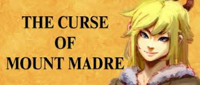 Black text title The Curse of Mount Madre on yellow background, featuring anime-style art of a fox-faced girl.