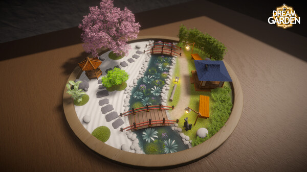 A tranquil miniature scene from the video game Dream Garden, featuring a Japanese-inspired garden with a central stream lined with water lilies and crossed by two elegant red wooden bridges. A cherry blossom tree adds a delicate touch of pink, while a pavilion with a blue roof, stone pathway, benches, and softly glowing lanterns create a harmonious and peaceful atmosphere. Published on: LadiesGamers.