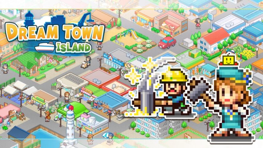 Title image for Dream Town Island showing a town overlaid with two pixelated characters with sledgehammers.
