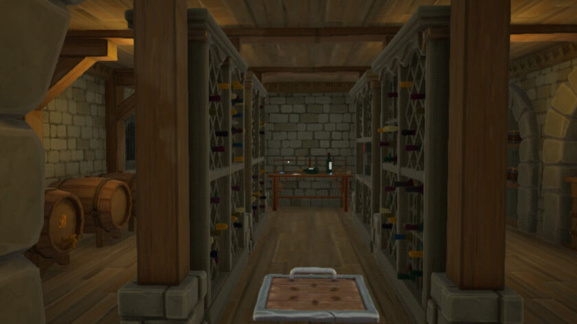 Various wine racks and barrels fill the wine cellar. There is a trap door in the floor. Published on LadiesGamers