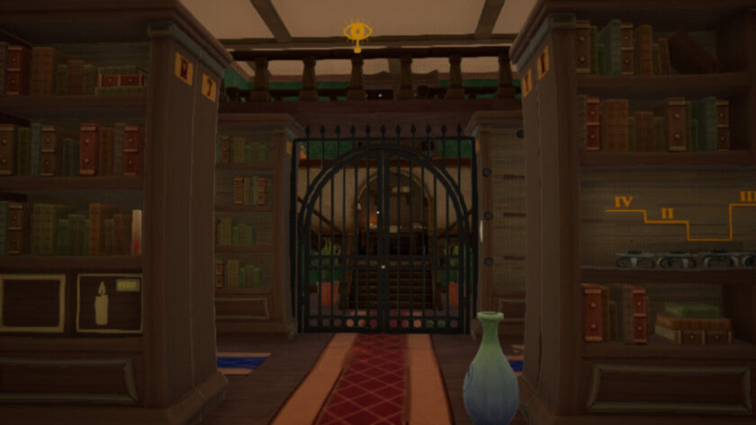 Several bookshelves fill the library, with metal gates at the far end. Published on LadiesGamers
