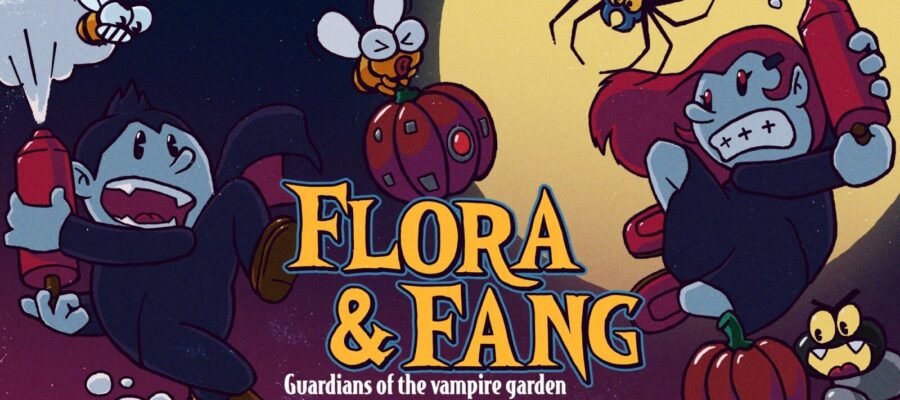 Promotional artwork for Flora & Fang: Guardians of the vampire garden showing the siblings and bugs. Published on LadiesGamers