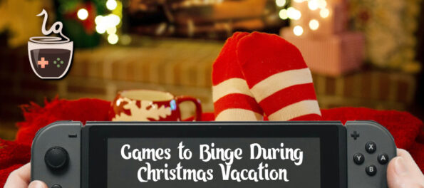 A hand holds a Switch in front of Christmas socks, a Christmas mugs and a fireplace decorated.