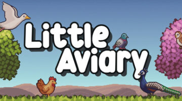 Promotional graphic for the game 'Little Aviary' featuring the title in bold white letters with black outline, surrounded by illustrated birds including a flying white dove, perched brown owl, sitting pigeon, standing chicken, and peacock. The birds are set among green and pink trees with a blue sky and brown hills in the background.