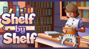 Scene of a bookstore. On the left, the title "Shelf by Shelf" is displayed in playful font with books integrated into the design. On the right, a person wearing glasses and a beret reads a book at a wooden table, surrounded by several other books and a sleeping cat. Behind them are bookshelves filled with books and a sunlit window.