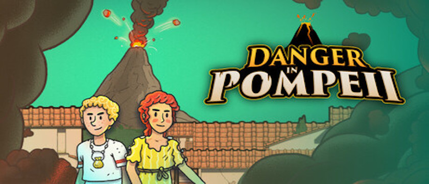 Danger in Pompeii key art, featuring cartoony versions of both the male and female lead character.