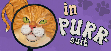 Promotional artwork for In Purr-Suit, showing an orange cat in a magnifying glass on a purple background. Published on LadiesGamers