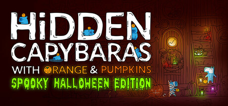 Hidden Capybaras with Orange and Pumpkins: Spooky Halloween Edition on a dark orange background