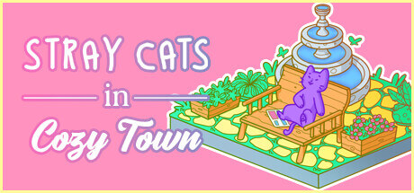 Stray cats in cozy town header with pink background and a purple cat on a bench
