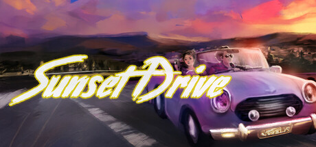 Promotional artwork for Sunset Drive with a purple car with a boy and a girl. Published on LadiesGamers